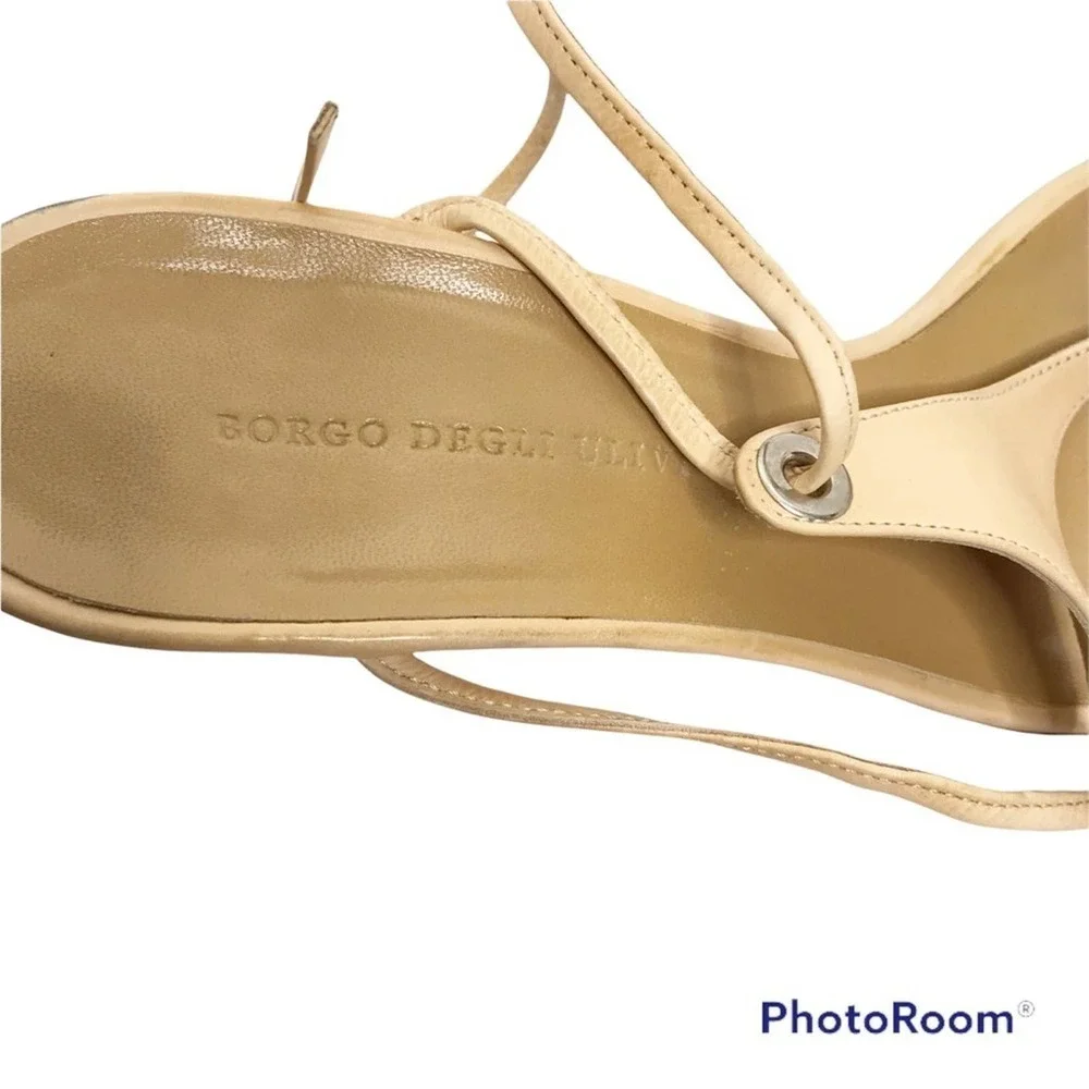 Borgo Degli Ulivi tan t strap harness self tie heels